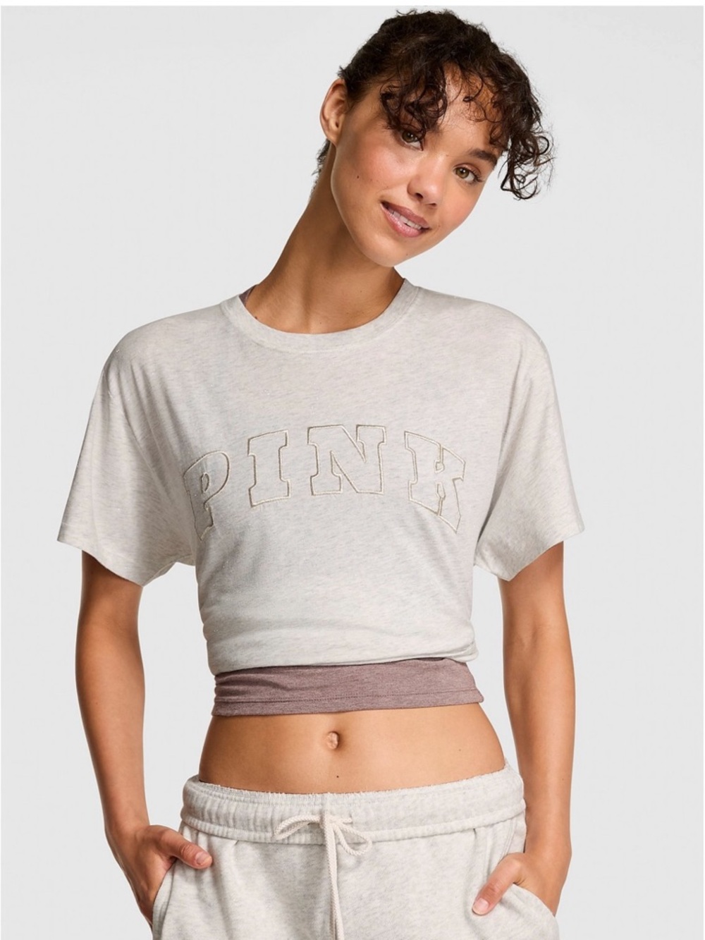 PINK Victoria's Secret Heather Gray Cropped Logo Tee